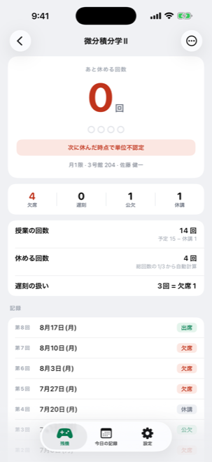 科目詳細。欠席・遅刻・公欠・休講の内訳